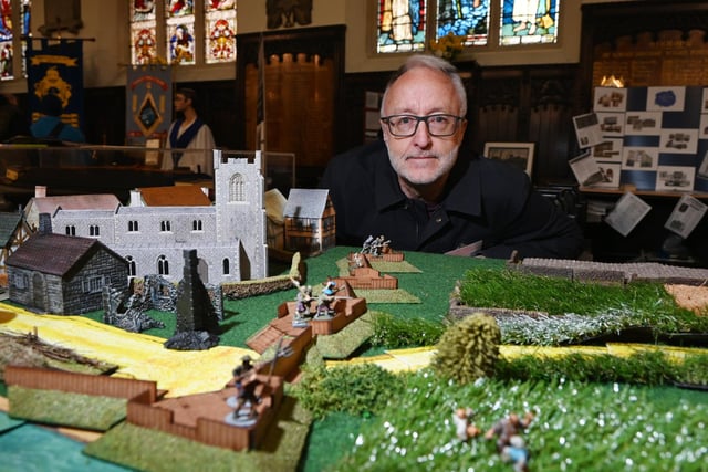 Jim Meehan with a model of the 1651 Battle of Wigan Lane.
