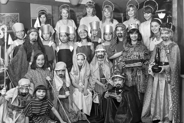 Juniors of St. Peter's Primary School, Bryn, with their nativity play in December 1973.