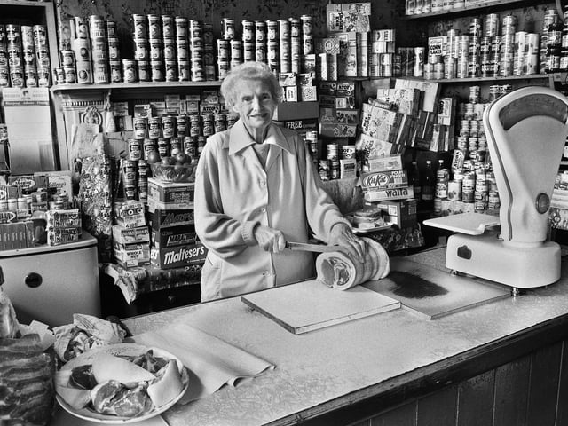 Janie Geller who was retiring aged 82 from her grocery shop in Up Holland Road, Billinge, in July 1988.