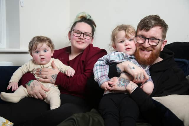 Ruby Eden, 24, from Warrington, with her son 6 month old son Teddie, husband Chris and daughter Delilah Rose