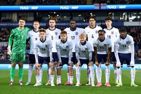 Sam Tickle lines up with his England Under-21s team-mates for his debut against Luxembourg