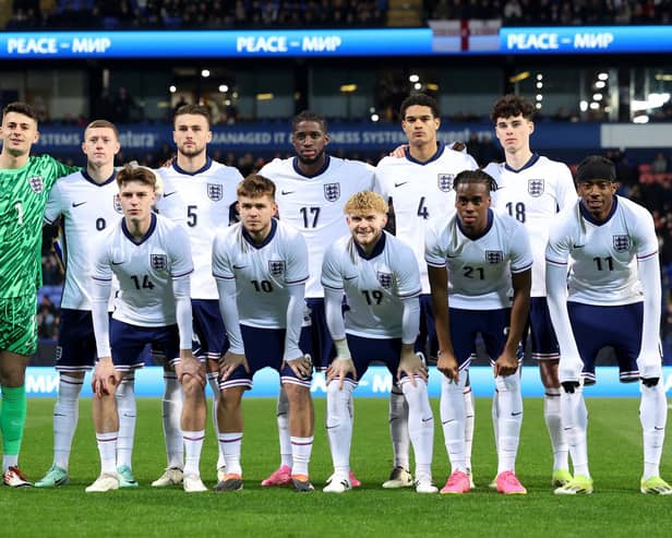 Sam Tickle lines up with his England Under-21s team-mates for his debut against Luxembourg