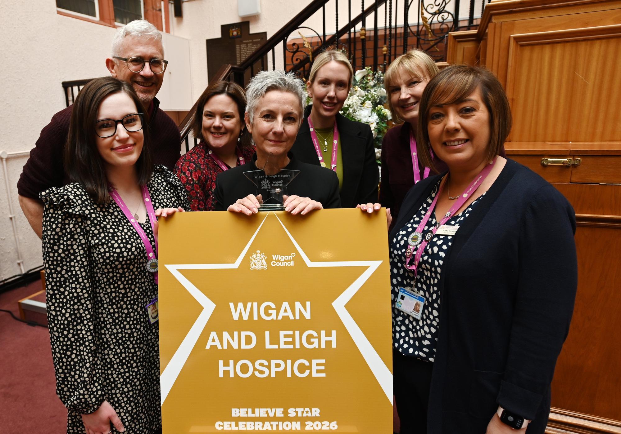 Some of the staff members at the celebration ceremony of Wigan and Leigh Hospice receiving a Believe Star from Wigan Council, held at Wigan Town Hall.