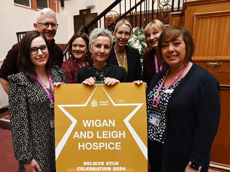 Some of the staff members at the celebration ceremony of Wigan and Leigh Hospice receiving a Believe Star from Wigan Council, held at Wigan Town Hall.