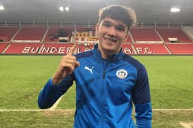 Kyle Joseph celebrates after scoring his first senior goal for Latics at Sunderland in 2020-21