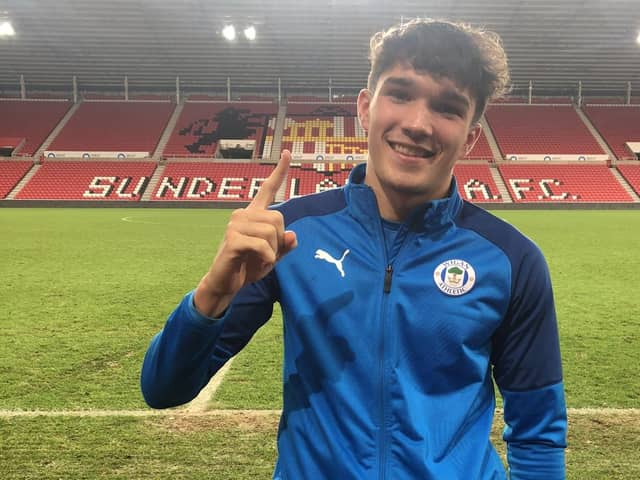 Kyle Joseph celebrates after scoring his first senior goal for Latics at Sunderland in 2020-21