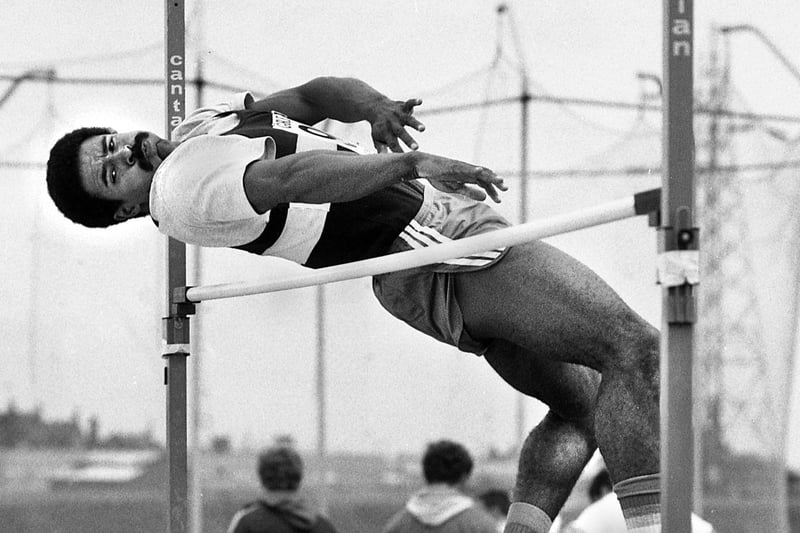 World, Olympic and European decathlon champion Daley Thompson competing in the high jump representing his club Essex Beagles at Robin Park, Wigan, on Saturday 5th of July 1986.