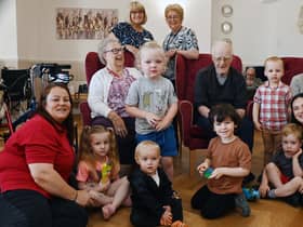 WIGAN - 05-09-23  Staff and children from Little Jigsaws nursery, Pemberton, visit residents at Norley Hall Care Home, Wigan - part of the intergenerational project.