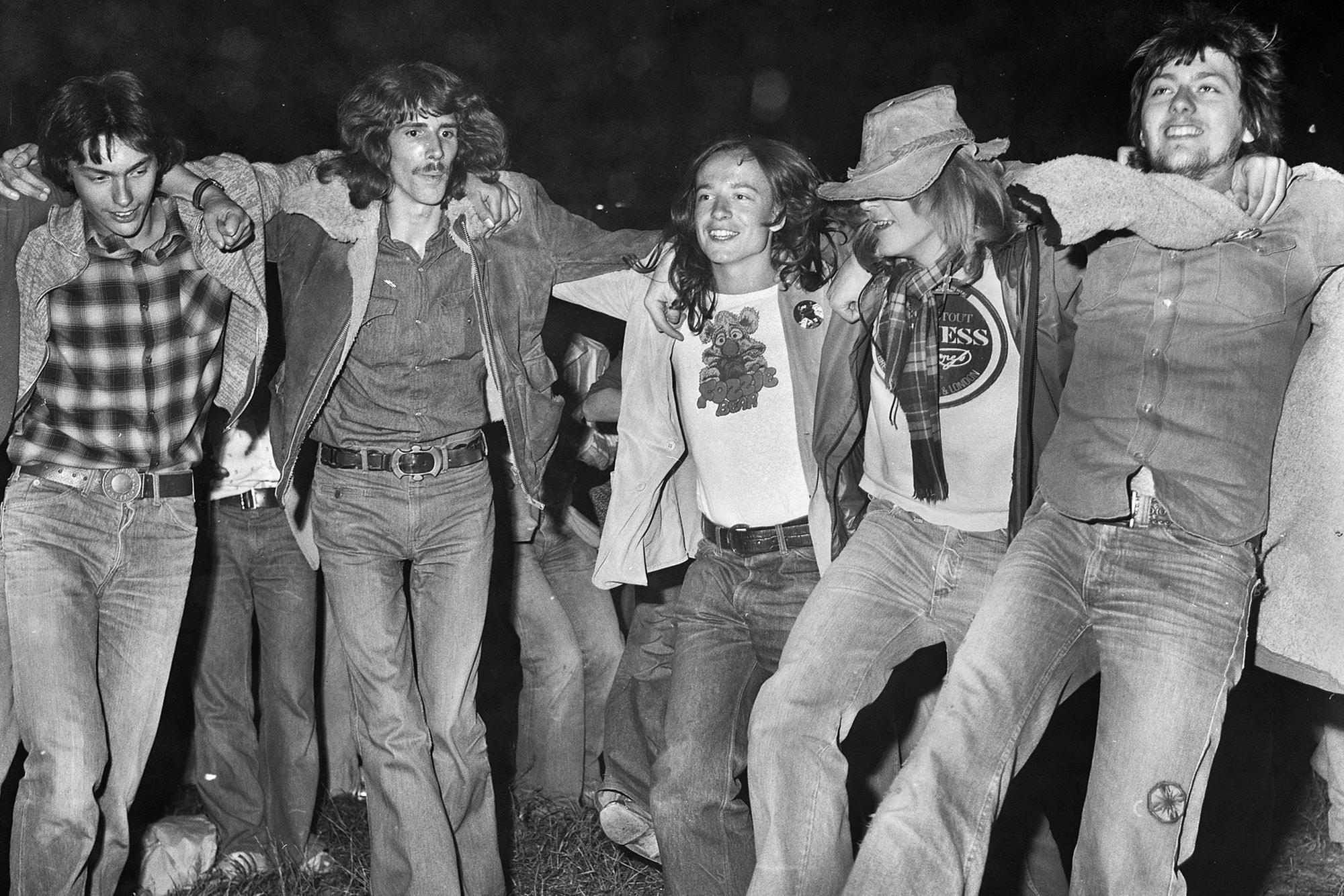 Folk fans enjoying dancing at the 1977 July Wakes Folk Festival at Park Hall, Charnock Richard.