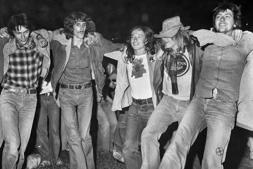 Folk fans enjoying dancing at the 1977 July Wakes Folk Festival at Park Hall, Charnock Richard.