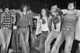 Folk fans enjoying dancing at the 1977 July Wakes Folk Festival at Park Hall, Charnock Richard.