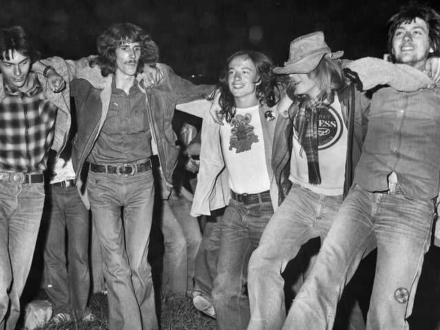 Folk fans enjoying dancing at the 1977 July Wakes Folk Festival at Park Hall, Charnock Richard.