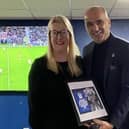 Roberto Martinez becomes the first honourary president of the new Wigan Athletic Supporters Trust, watched by Supporters Club chair Caroline Molyneux