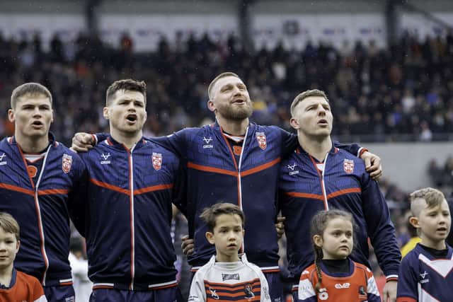 England's Jack Welsby, John Bateman, Elliott Whitehead & George Williams line up with their mascots