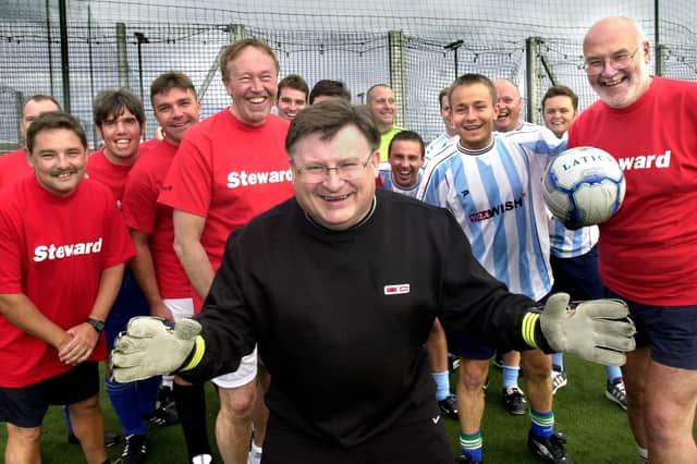 Labour party chairman, Ian "The Cat" McCartney, prepares to defend his goal for his team of MPs and councillors against a WISH FM team in a charity 5-a-side match at the JJB Soccerdome on Wednesday 20th of August 2003.