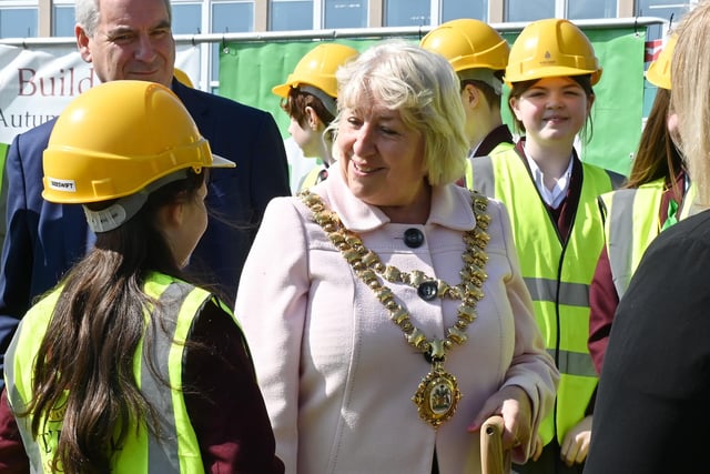 The Mayor of Wigan Coun Marie Morgan meets pupils, staff and delegates, as she was invited to put the first spade in the ground at a ceremony to celebrate the beginning of construction of the new school buildings in the grounds of Byrchall High School, Ashton-in-Makerfield.