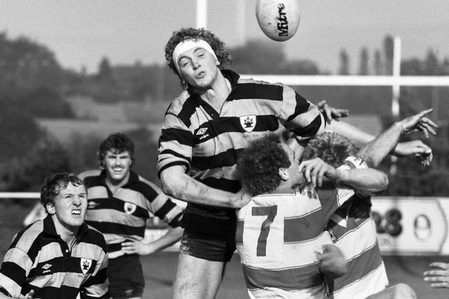 Orrell's Chas Cusani battles for possession in the line out against Vale of Lune watched by Peter Buckton and Ian Kelly at Edge Hall Road on Saturday 12th of October 1985. Orrell won 45-16.