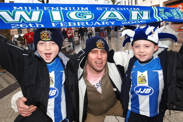 Ben Steadman, Paul Threlfall and Lewis Steadman at the Carling Cup Final between Wigan Athletic and Manchester United at the Millennium Stadium, Cardiff, on Sunday 26th of February 2006.
