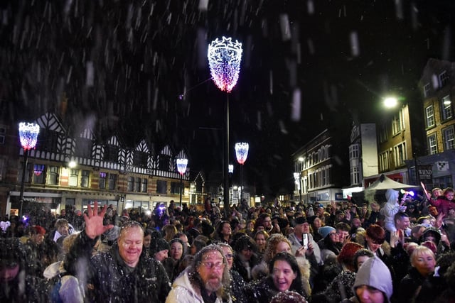 Crowds gather for the Wigan Christmas Lights Switch On Frost Fest 2022.
