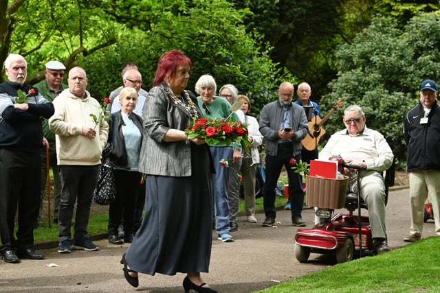 The Mayor of Wigan Coun Debbie Parkinson at the Wigan Workers' Memorial Day service in Mesnes Park, Wigan, organised by The Friends of Mesnes Park.