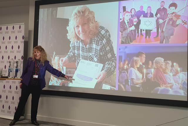 Jean Hensey-Reynard delivers her powerpoint presentation on Wigan's Holocaust education programme over the years at the Department for Levelling Up, Housing and Communities