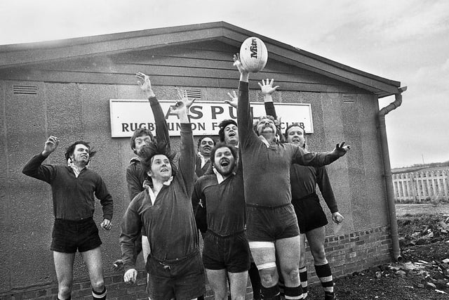 Aspull Rugby Union players celebrate the opening of their new clubhouse at Woodshaw Park on Sunday 29th of February 1976.