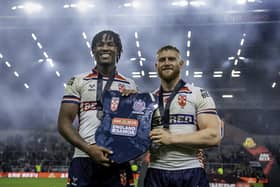Junior Nsemba & Luke Thompson with the ABK Beer Test Series trophy after victory over Samoa