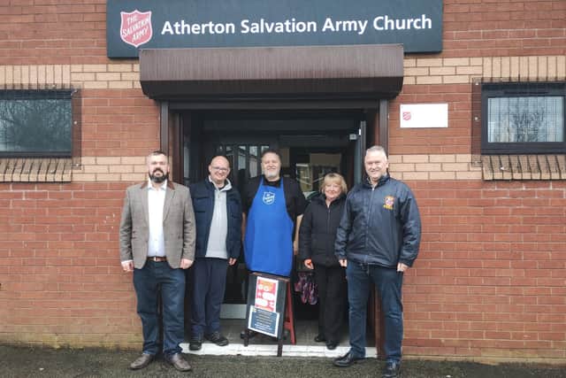 Welcoming the success of Atherton Recovery Hub are Coun Lee McStein, volunteer Paul Blinkhorn, Salvation Army's community lead Darron Boulton, Coun Debra Wailes and Coun John Harding