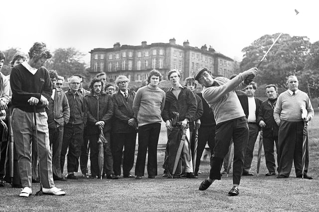 The opening of the new Haigh golf course on Wednesday 24th of May 1972 and on the tee are top Lancashire county players Jack Taylor, driving off, watched by John Dickinson and Dr. David Marsh. Picture by Harold Farrimond