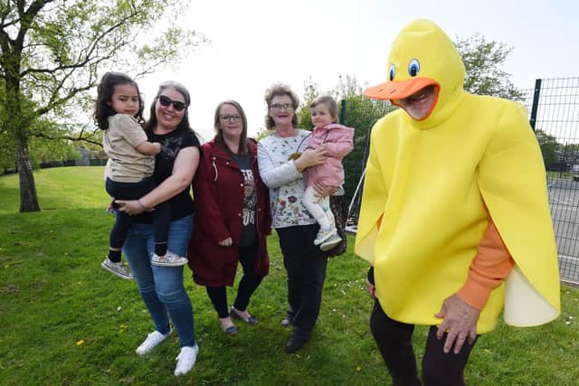 Some of the volunteers and organisers of the Appley Duck Race event in May, from left, Alison Bishop-Otutaha with Semisi, four, Kate Rossington, Judith Nicholson with grandaughter Georgia, two, and Norman the Duck.