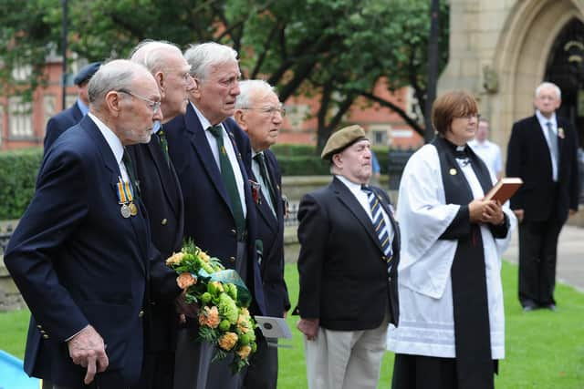 Harry Cullen (second right) with fellow veterans at a a VJ Day service at Wigan Parish Church 10 years ago