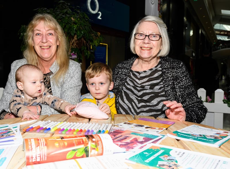 Julie Johnson, six-month-old Xander Johnson-Lillis, Finlee Johnson-Lillis, three, and Norma Entwistle get creative