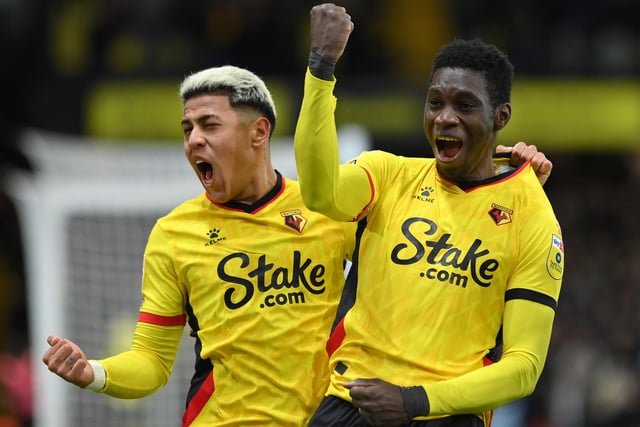 WATFORD, ENGLAND - JANUARY 14: Ismaila Sarr of Watford celebrates scoring the second Watford goal with Matheus Martins of Watford during the Sky Bet Championship between Watford and Blackpool at Vicarage Road on January 14, 2023 in Watford, England. (Photo by Justin Setterfield/Getty Images)
