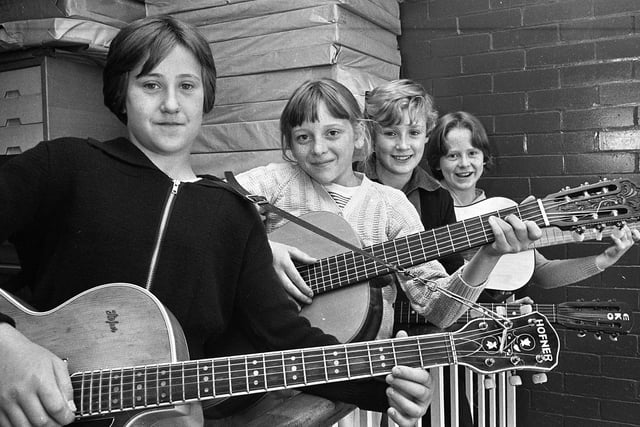 Guitar girls Heather Halligan, Julie Stott, Margaret Hooton and Jane Martin at Ince CE Primary School in June 1977.