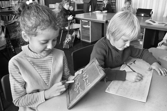 Pupils of Bryn St. Peters in 1975 learning about the history of their school.