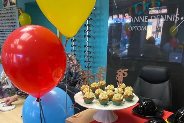 Anniversary festivities at Suzanne Dennis, including balloons and decorated ‘35’ cupcakes.