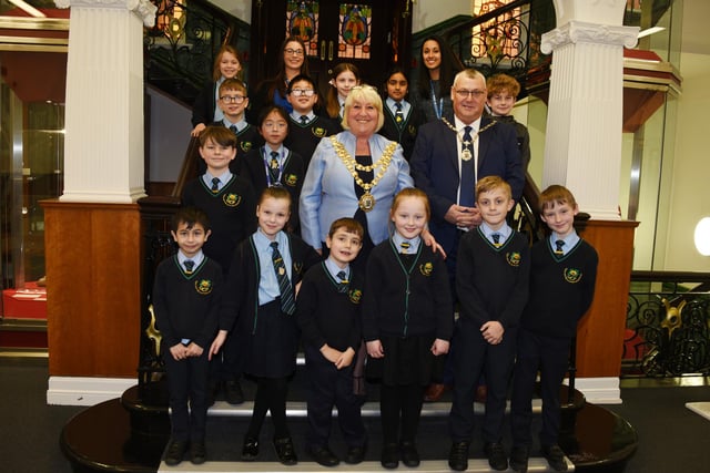 School Ambassadors from Golborne Community Primary School, pictured with the Mayor of Wigan Coun Marie Morgan and consort Clive Morgan.