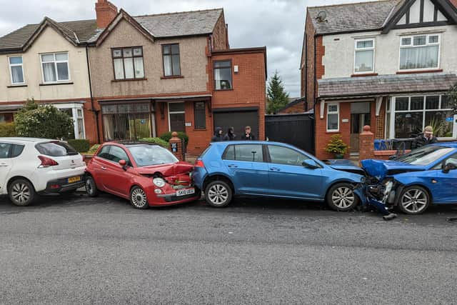 Pile-up of cars crashed into on Gidlow Lane.