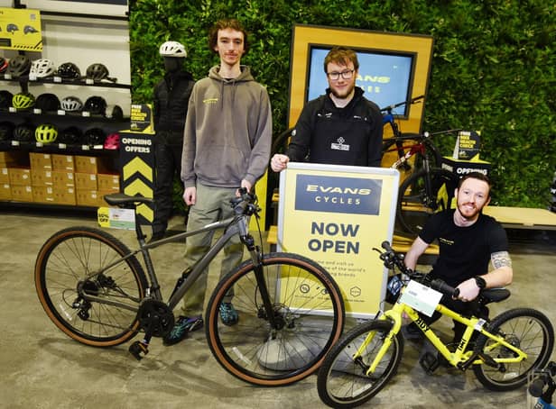 From left, Store manager Joel Desmond, Will Parrett and Luke Berry, at Evans Cycles, the newest arrival at Robin Retail Park, Wigan.