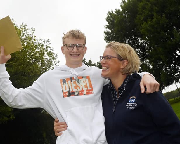 Nathan Chesworth is delighted with his results, having been in intensive care at the start of the year. He is pictured with proud mum Rebecca