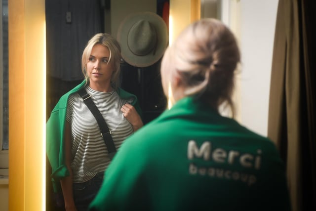 Make a bold statement with a slogan sweatshirt - drape over the shoulders when the sun is shining. Sancha Clayton models this bright green "Merci Beaucoup" sweat from Whistles.
