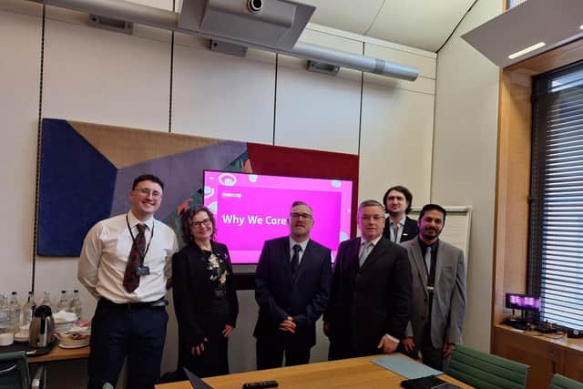 Wigan support worker Nick Dickinson, third from left, in Parliament with Dr William Burns (CIPFA), Mencap acting CEO Jackie O’Sullivan, Sir Robert Buckland MP, and Mencap workers Matt Dix and Ismail Kaji