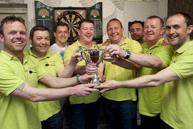 Pemberton Central Labour Club darts team winners for the first time, Danny Kenyon, Darren Ashcroft, Alex Neil, Andrew Baxendale, Stephen Meadows, Craig Stevens, Stephen Baxendale and Danny Lancaster, unable to make the photoshoot, Warren Barlow, Stu Parr, John Greenall and team captain Micheal Houghton