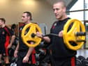 Liam Colbon, Gareth Hock and Lee Mossop in the gym as Wigan Warriors resume training.