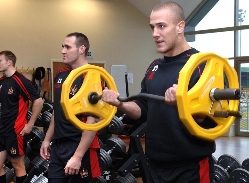 Liam Colbon, Gareth Hock and Lee Mossop in the gym as Wigan Warriors resume training.
