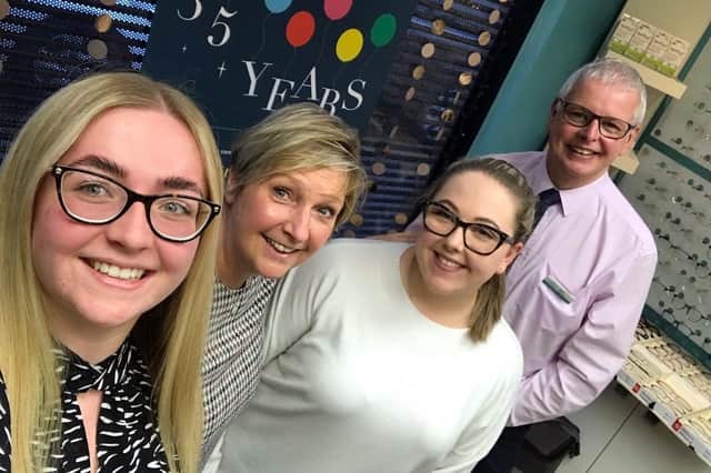 Tthe Suzanne Dennis Team, including (from left to right) Paisley Owens ( optical receptionist / optometry student ), Suzanne Dennis, Kiera Lucas ( optometrist ), Martin Harwood ( dispensing optician ).