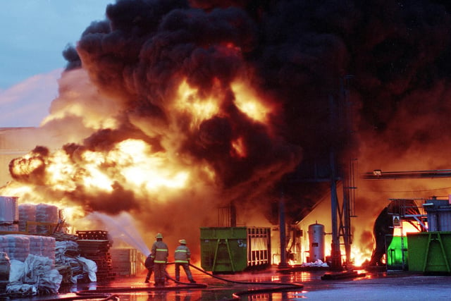 Firefighters tackle the huge blaze at the Ruberoid Building Products factory in Appley Bridge on Monday 12th of June 2000.