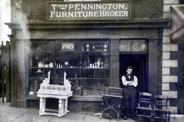 The Thomas Pennington Furniture Broker premises in Millgate at the turn of the 20th century.