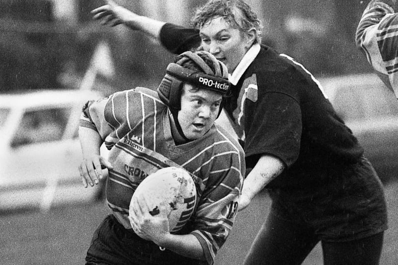 Wigan Roses ladies rugby league team in possession against York Ladies at New Springs on Sunday 2nd of October 1994.