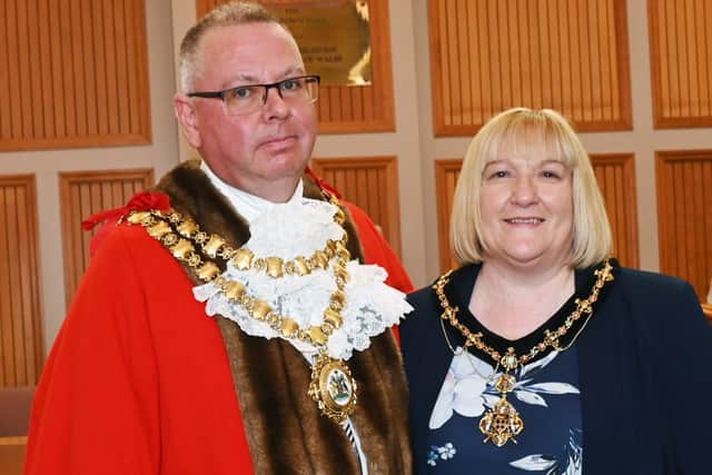 Wigan's new Mayor Coun Kevin Anderson with his partner and new Mayoress Samantha Lloyd